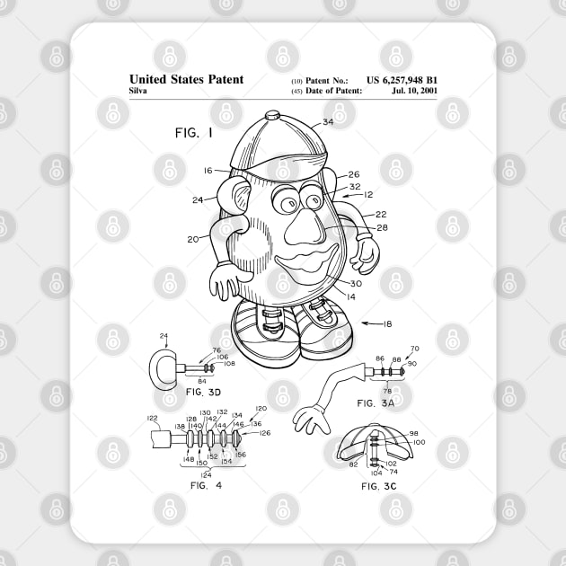 Mr Potato Head Patent - Potato Head Art - Black And White Sticker by patentpress